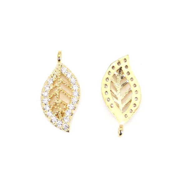 Breloque en forme feuille 7x14mm  avec perles nacrées, plaqué par "flash" or sur laiton & zirconium x 1pc
