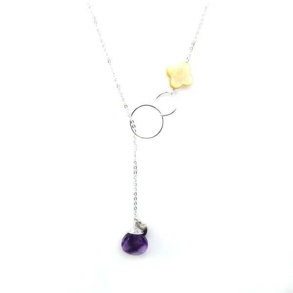 Collier améthyste et nacre jaune chaine en argent 925