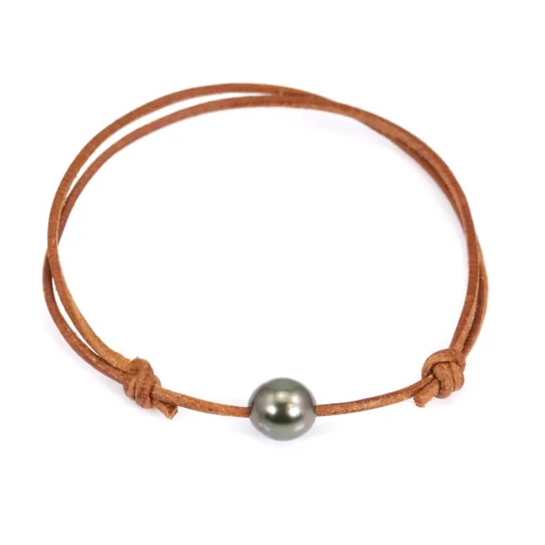 Bracciale in pelle con perle coltivate di Tahiti 7-8 mm