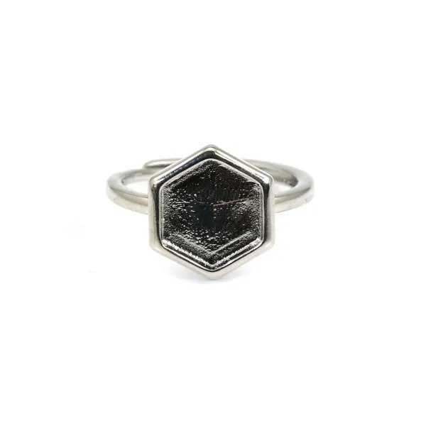 Adjustable ring for 10mm hexagon cabochon - Silver x 1pc