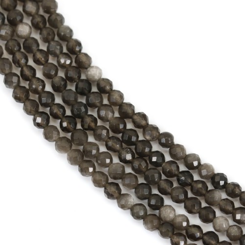 Obisidienne argenté rond facetté 2mm x 39cm