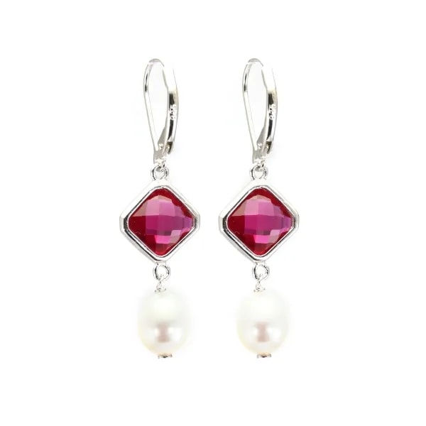 Boucles d'oreilles oxyde de zirconium losange & perle d'eau douce - Argent 925 rhodié x 2pcs