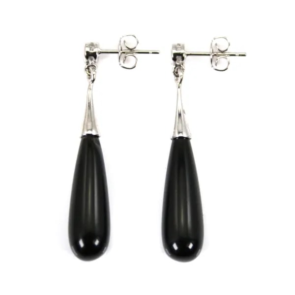 Obsidian Tropfen Ohrring 7x23mm - 925er Silber Rhodiniert x 2Stk