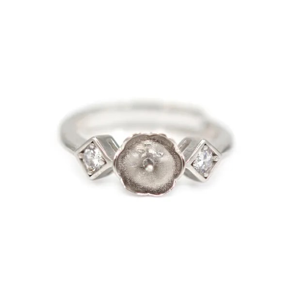 Adjustable rhombus rhinestone ring for semi pierced - cubic zirconia & Rhodium-plated Silver x 1pc