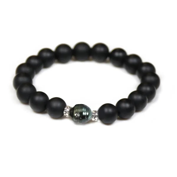 Pulsera de ágata negra mate y perla de cultivo de Tahití.