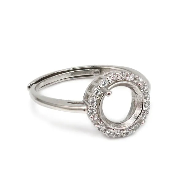 Adjustable pave ring for round setting 8mm - cubic zirconia & Rhodium-plated 925 Silver x 1pc