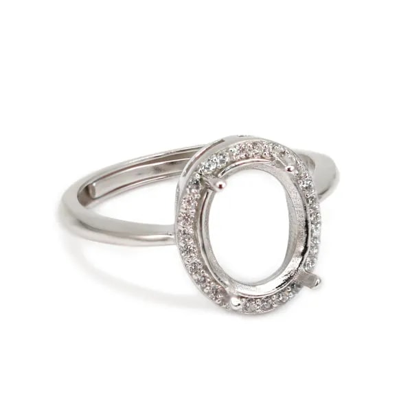Anel ajustável com pavê para montagem oval 8x10mm - zircônia cúbica e prata 925 rodinada x 1 unidade