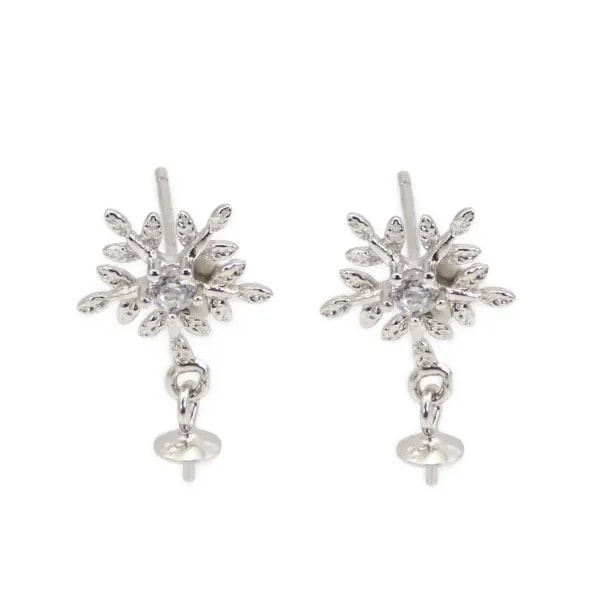 Pendientes de botón copo de nieve para semipresado 11x18mm - circonita cúbica y Plata de ley 925 rodinada x 2 uds.