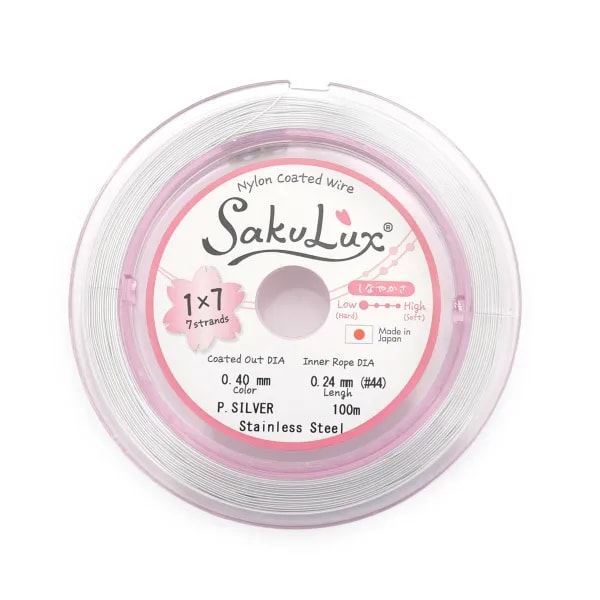 Fil câblé acier 7 brins gainé nylon argent clair 0.4mm x 100m