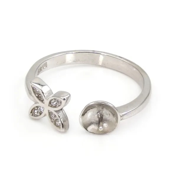 Adjustable flower ring for semi pierced - cubic zirconia & Rhodium plated Silver x 1pc