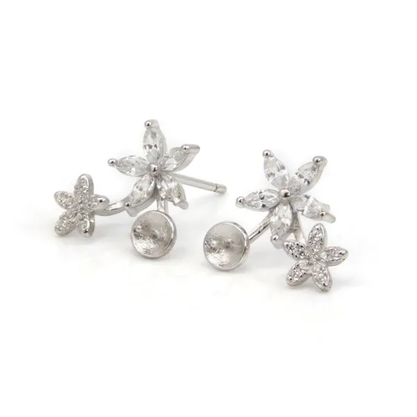 Clous d'oreilles duo fleurs 5 pétales  pour semi percé 12mm - oxyde de zirconium & Argent 925 rhodié x 2pcs