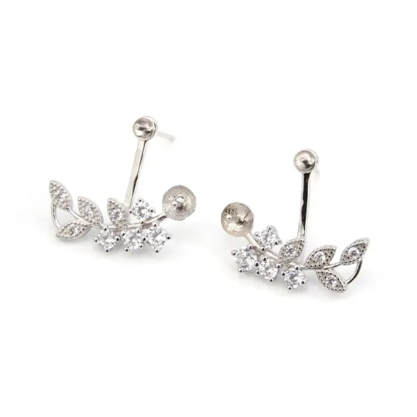 Back of branch earrings for semi pierced 18x19mm - cubic zirconia & Rhodium-plated Silver x 2pcs