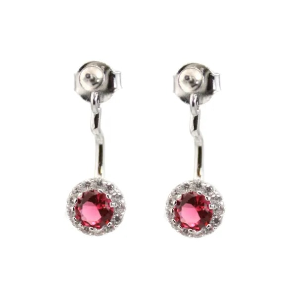 Brincos de pressão & Tarraxas redondas com cravação vermelha para furo parcial 7x20mm - zircônia cúbica & Prata 925 rodinada x 2