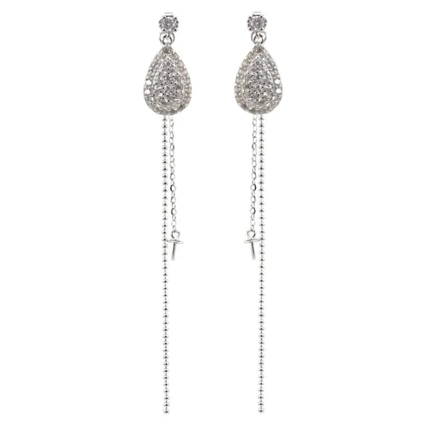 Brincos de gota com pavê e Tachas de corrente para furo parcial 10x21mm - zircônia cúbica e Prata 925 rodinada x 2 unidades