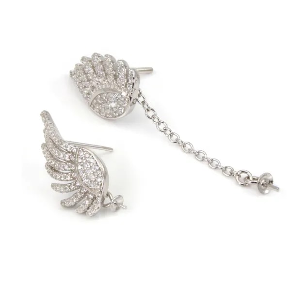Brincos semi-perfurados asas assimétricas com pérolas rosa e zircões para um estilo elegante