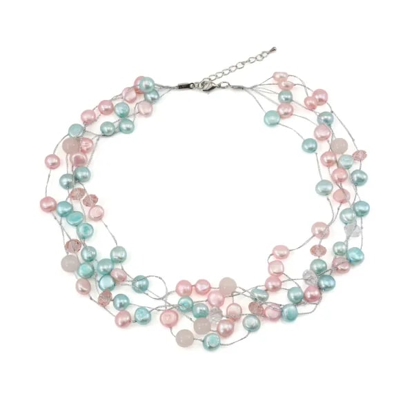 Multicolored freshwater cultured pearl & rose quartz necklace 5 strands