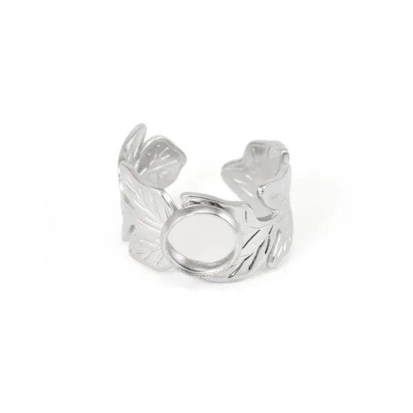 Anel grosso ajustável folha para cabochão 8mm - Aço inox 304 x 1pc