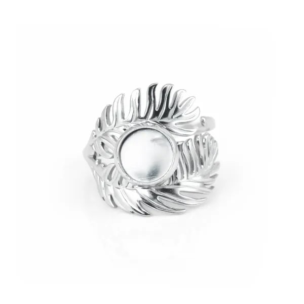 Soporte Anillo Cabujón 8mm | Motivo Pluma Plateado