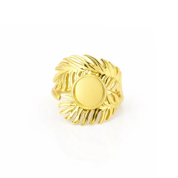 Anillo ajustable dúo pluma para cabujón 8mm - Acero inox 304 dorado x 1pc