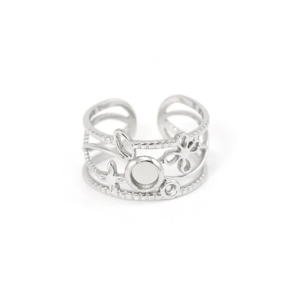 Anillo ajustable multihilera flor para cabujón 4mm - Acero inoxidable 304 x 1ud