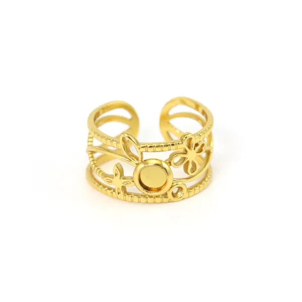 Anel ajustável multi fileiras flor para cabochão 4mm - Aço inoxidável 304 dourado x 1pc