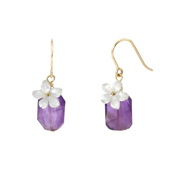 Floral earrings - Mother of Pearl & Amethyst - Gold Filled x 2pcs