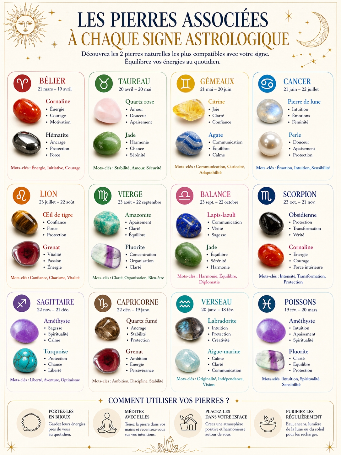 Récap pierres naturelles associées aux signes astrologiques